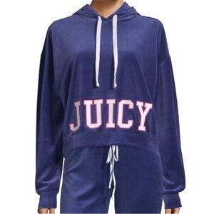 Juicy Couture Blue Velour cropped hoodie y2k logo sweatshirt L